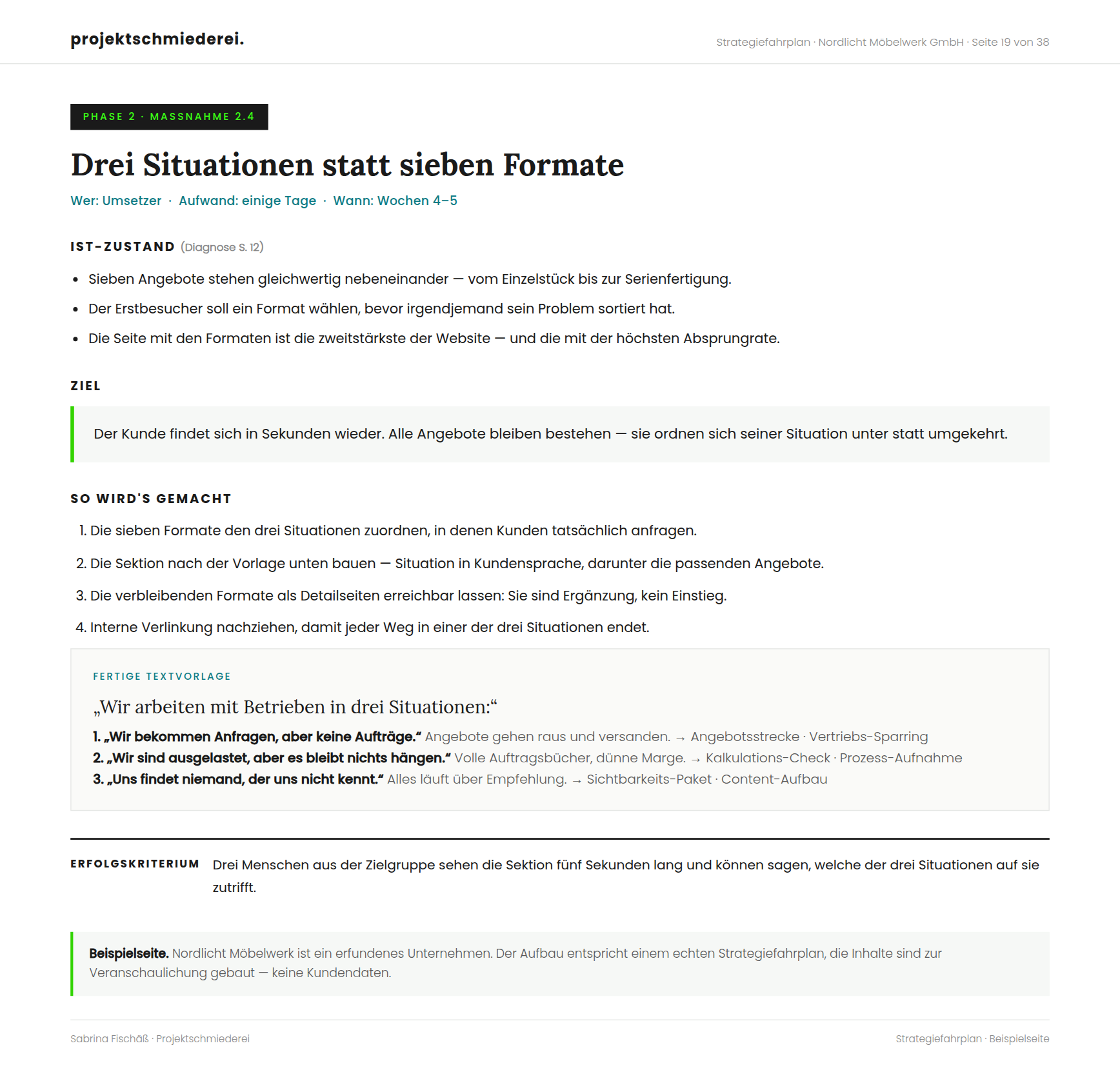 Beispielseite aus einem Strategiefahrplan: eine einzelne Maßnahme mit Ist-Zustand, Ziel, Schritten und Textvorlage.