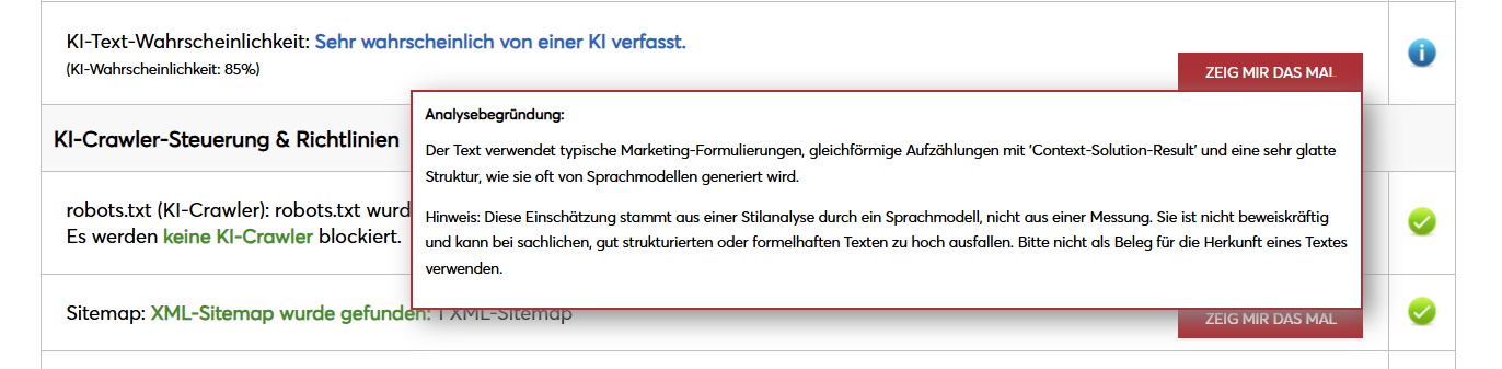 Prüftool-Ergebnis für eine andere Website: sehr wahrscheinlich von einer KI verfasst, KI-Wahrscheinlichkeit 85 Prozent