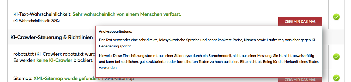 Prüftool-Ergebnis für projektschmiederei.de: sehr wahrscheinlich von einem Menschen verfasst, KI-Wahrscheinlichkeit 20 Prozent
