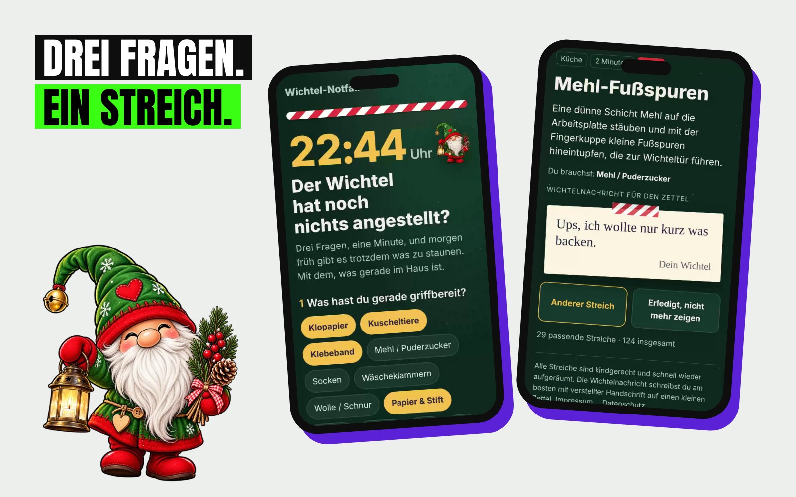 Zwei Handys mit dem Wichtel-Notfall: links die drei Fragen, rechts ein Streich mit Wichtelnachricht